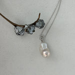 A baroque pearl pendant necklace with a silver chain and a small silver dangle earring attached to a branch with scattered rocks.