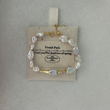 A keshi pearl bracelet with gold plating and high quality solid sterling silver, displayed on a card with the text 'FRENCH PARIS' and 'I NOT THE DEAD LOVE SPRING'.