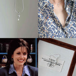 Collage of a necklace with a pendant, a person wearing it, a woman smiling, and a framed card.