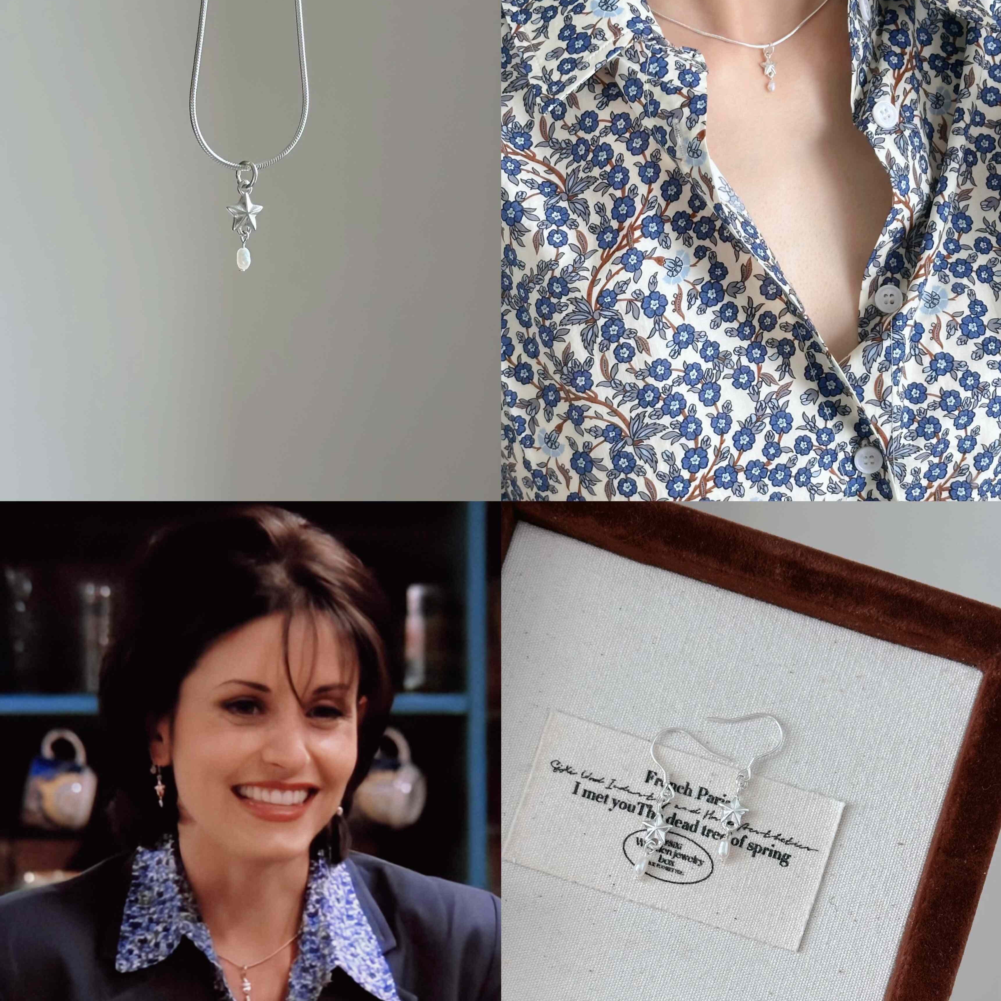Collage of a necklace with a pendant, a person wearing it, a woman smiling, and a framed card.