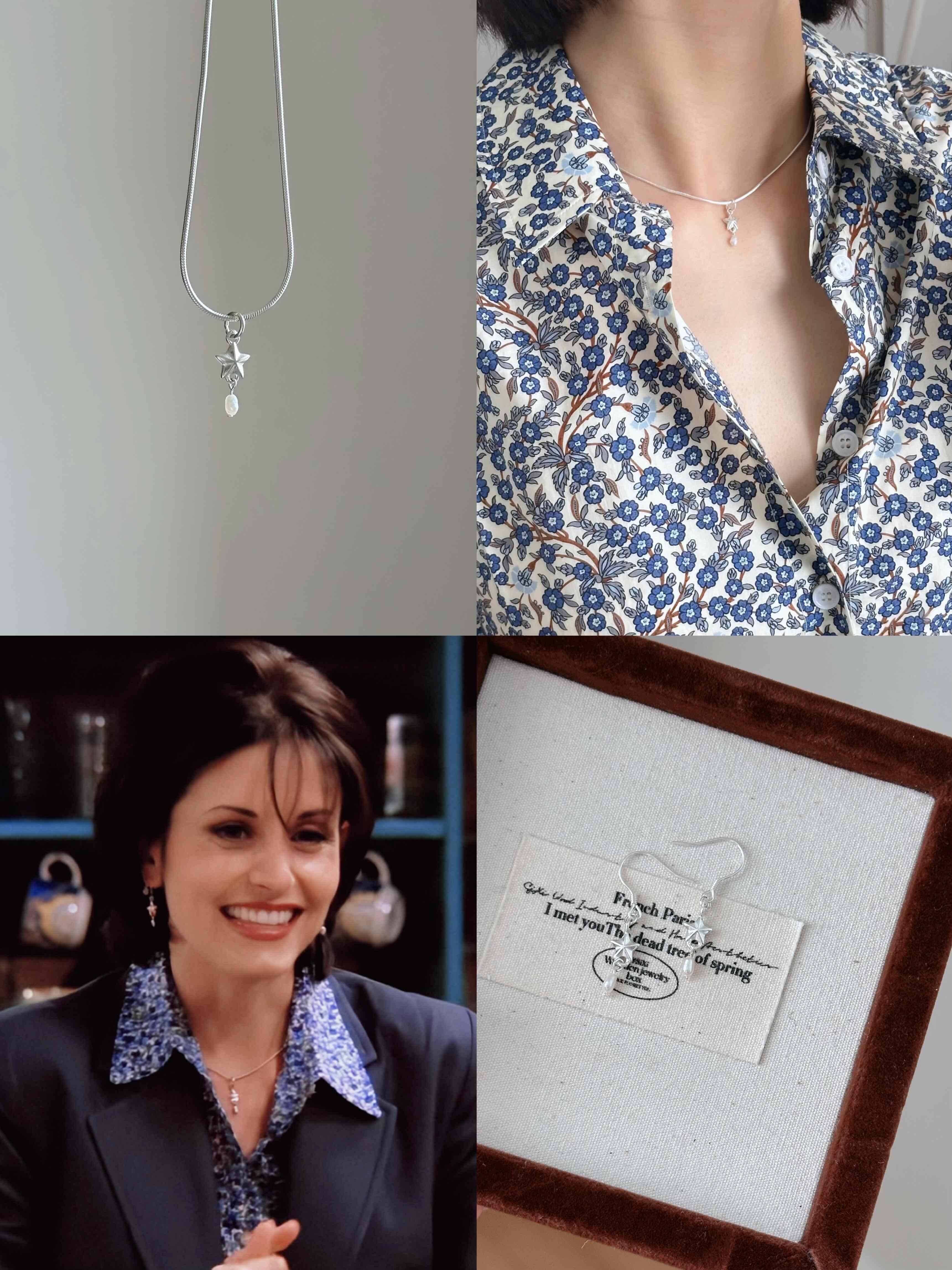 Collage of a necklace with a pendant, a person wearing it, a woman smiling, and a framed card.