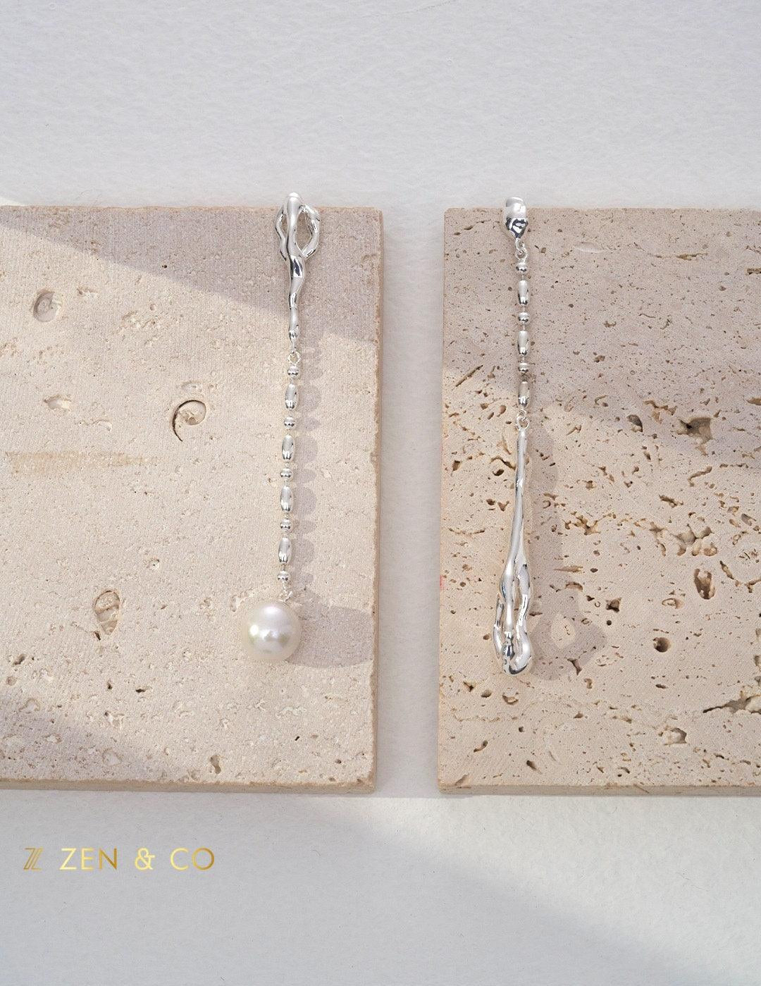 PAOLA Silver Asymmetric long dangle earrings with pearl - ZEN&CO Studio