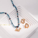 VANDANA Bohemian jewelry set Amazonite and lapis lazuli stone beaded necklace and pearl stud earrings - ZEN&CO Studio