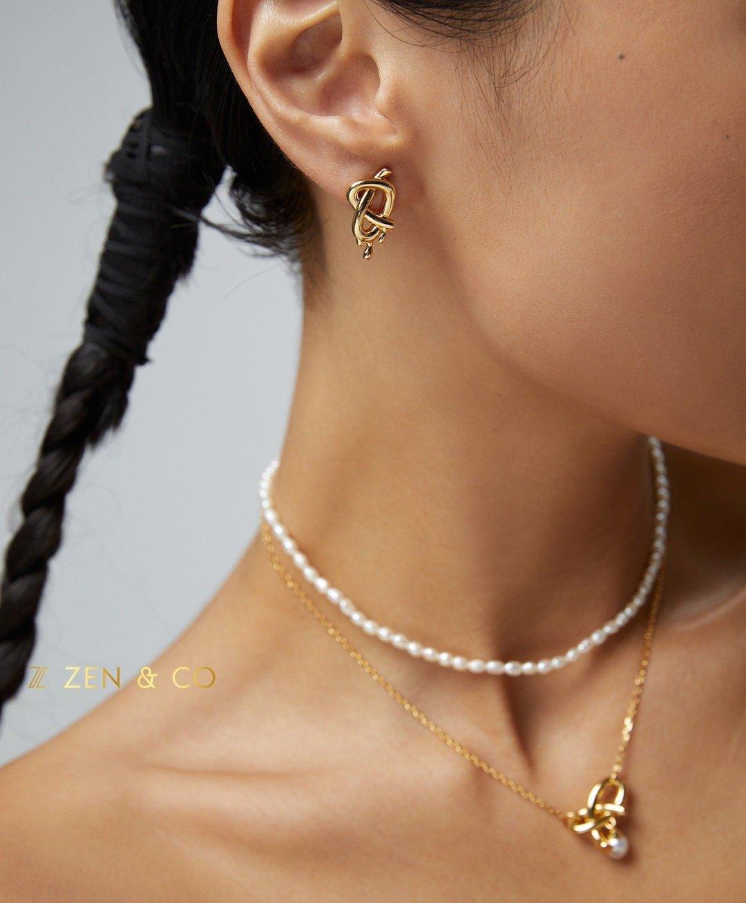 ELSA Asymmetric cute knot pearl stud drop earrings - ZEN&CO Studio