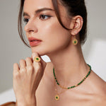 ESMERALDA Bohemian jewelry set Green chalcedony drop earrings Pendant necklace Statement open ring - ZEN&CO Studio