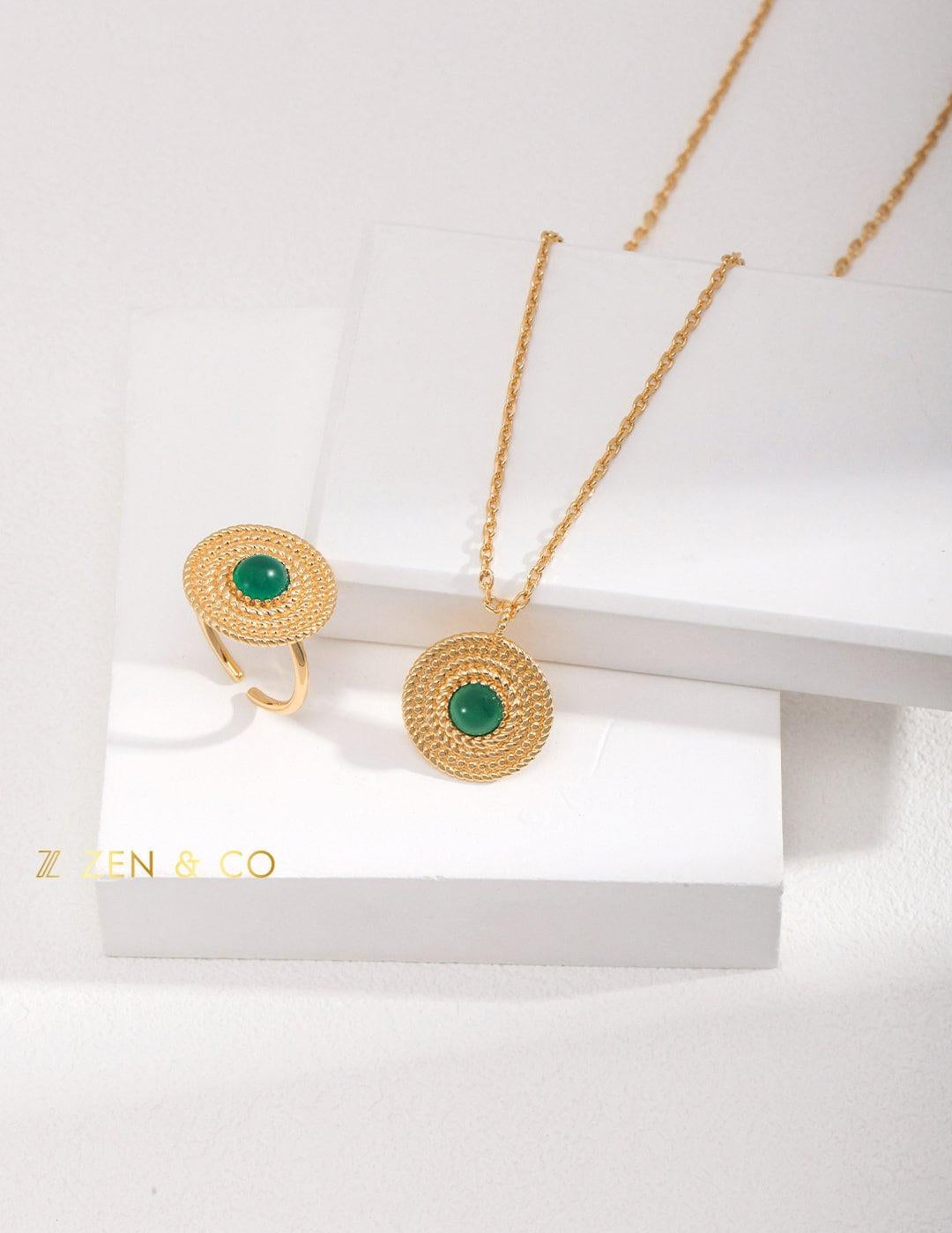 ESMERALDA Bohemian jewelry set Green chalcedony drop earrings Pendant necklace Statement open ring - ZEN&CO Studio