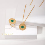 ESMERALDA Bohemian jewelry set Green chalcedony drop earrings Pendant necklace Statement open ring - ZEN&CO Studio