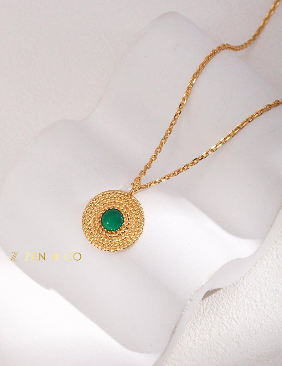 ESMERALDA Bohemian jewelry set Green chalcedony drop earrings Pendant necklace Statement open ring - ZEN&CO Studio