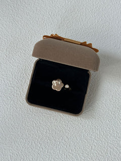 Silver paw print earring in an open jewelry box on a white background