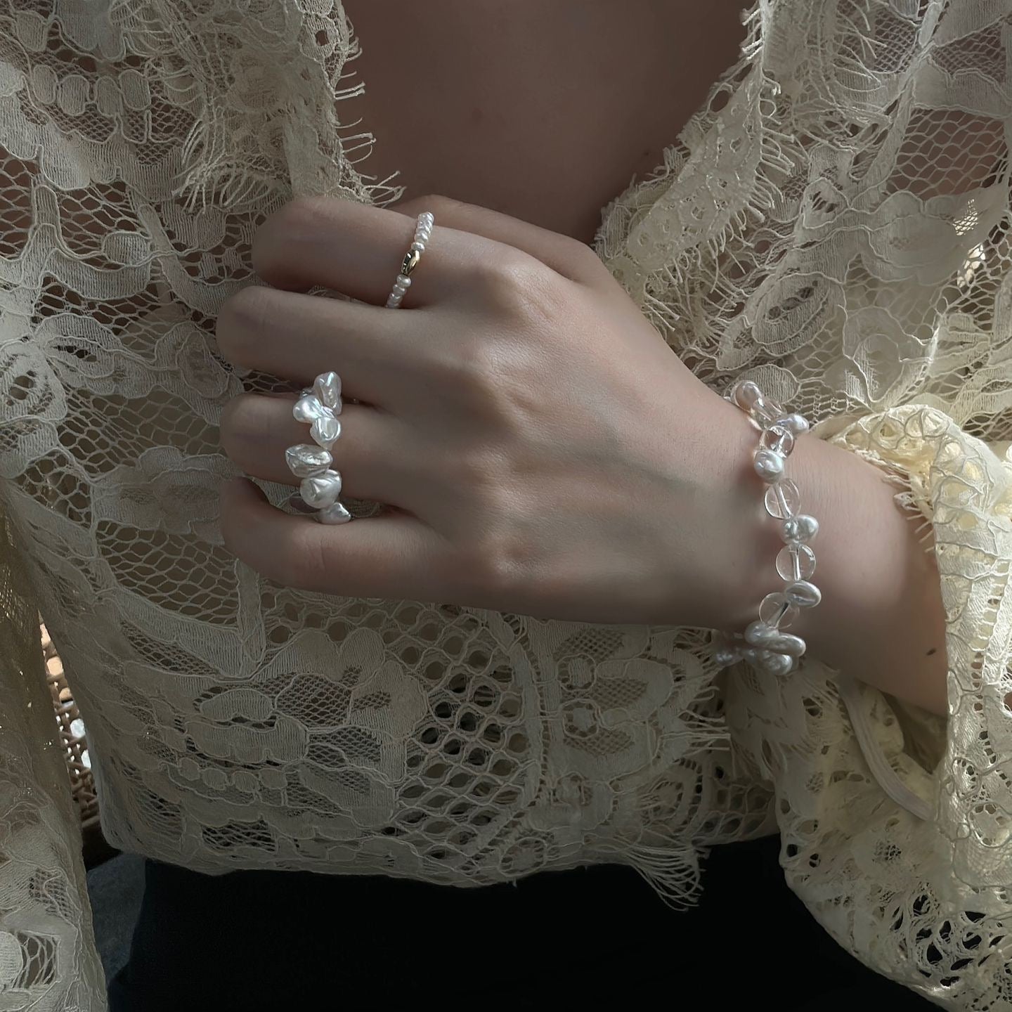 BIANCA Keshi Pearl and White Crystal Necklace and Bracelet