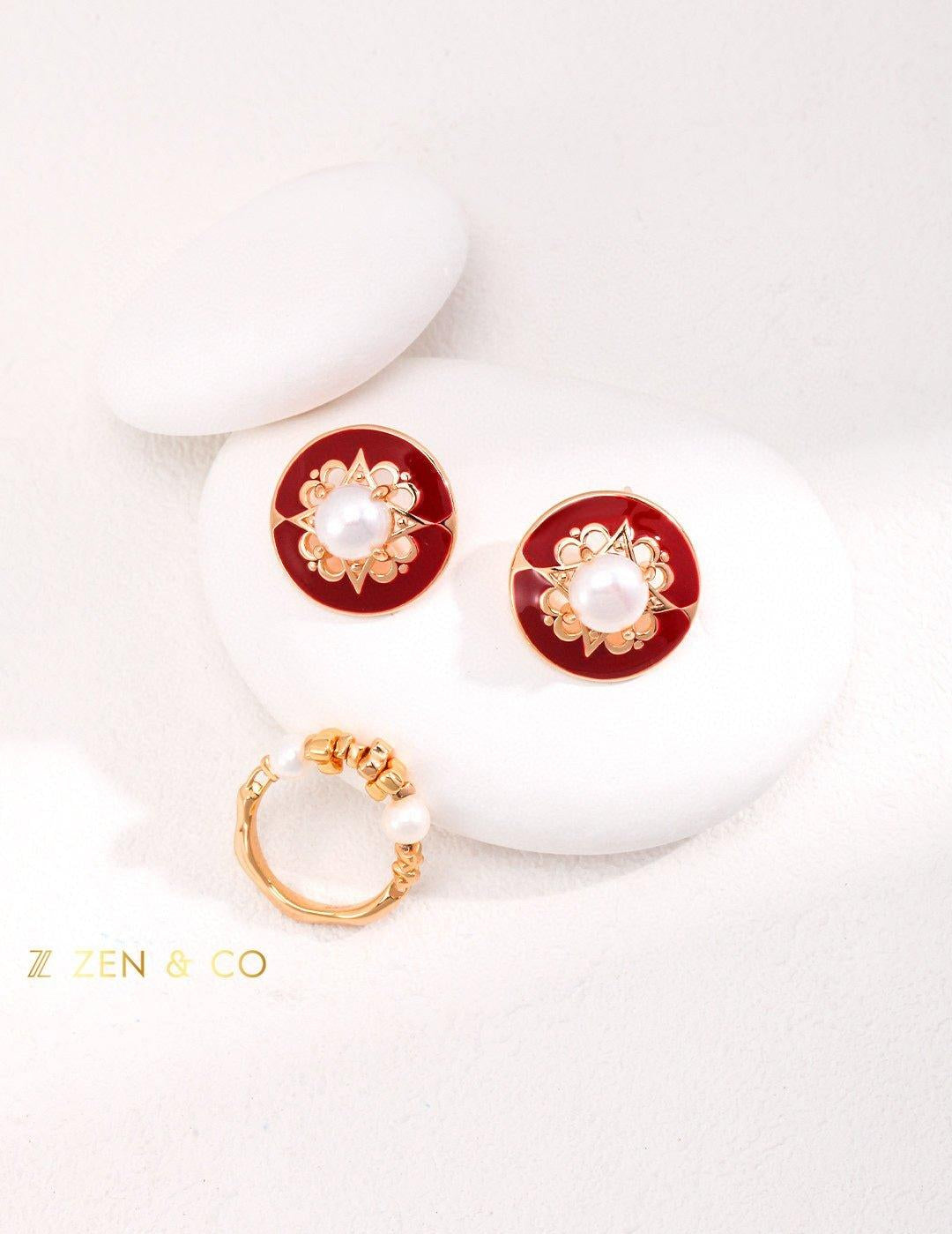 ADELINE Vintage inspired red enamel and pearl stud earrings - ZEN&CO Studio