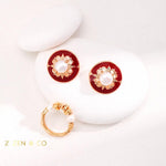 ADELINE Vintage inspired red enamel and pearl stud earrings - ZEN&CO Studio