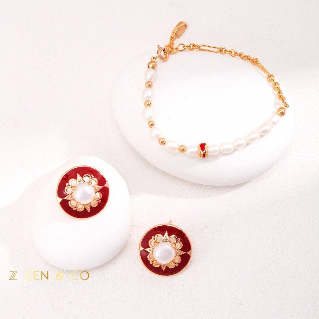 ADELINE Vintage inspired red enamel and pearl stud earrings - ZEN&CO Studio