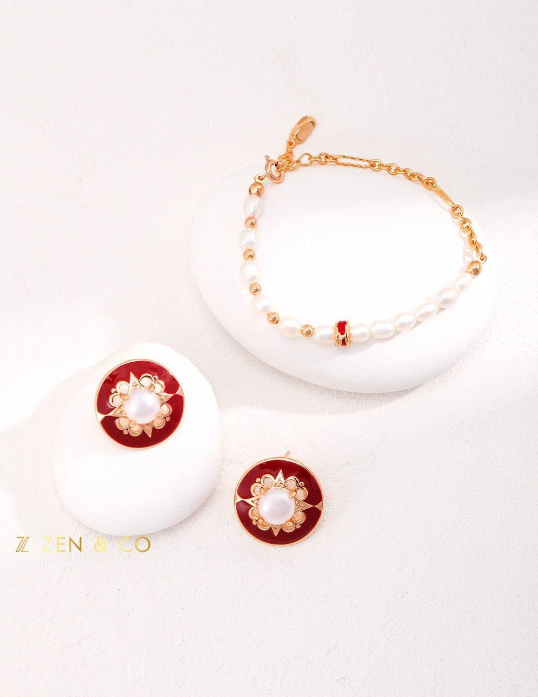 ADELINE Vintage inspired red enamel and pearl stud earrings - ZEN&CO Studio