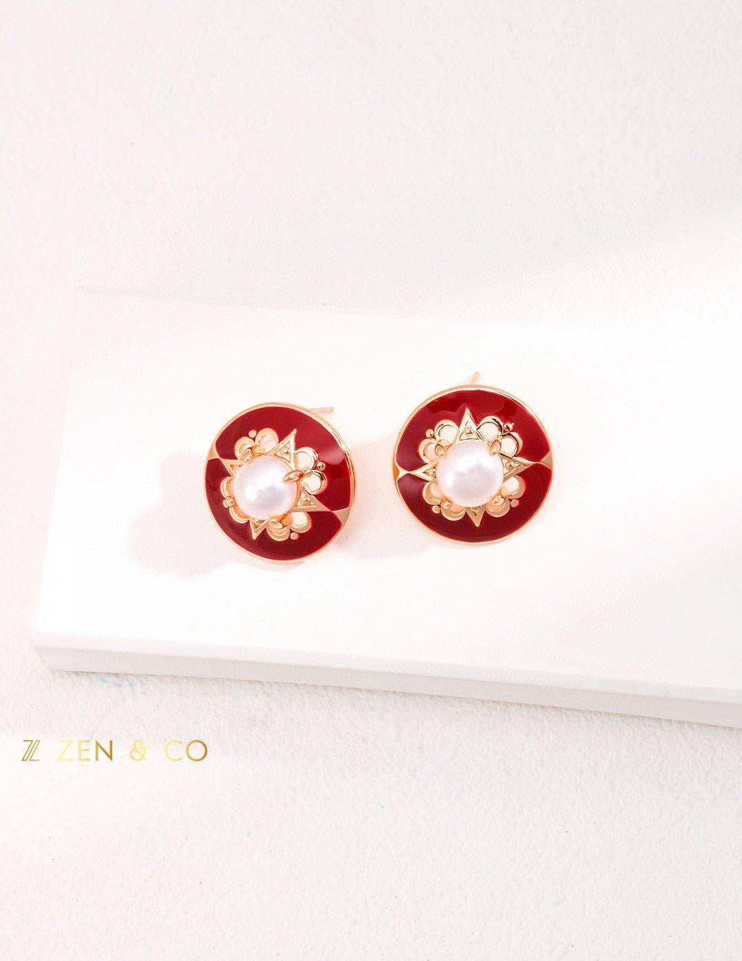 ADELINE Vintage inspired red enamel and pearl stud earrings - ZEN&CO Studio