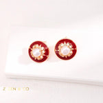 ADELINE Vintage inspired red enamel and pearl stud earrings - ZEN&CO Studio