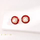 ADELINE Vintage inspired red enamel and pearl stud earrings - ZEN&CO Studio