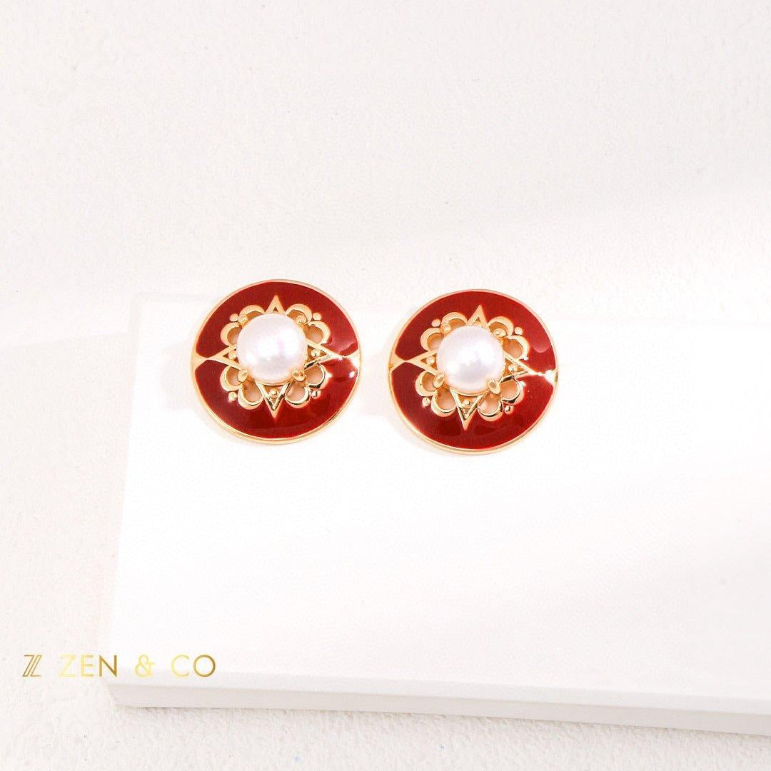 ADELINE Vintage inspired red enamel and pearl stud earrings - ZEN&CO Studio