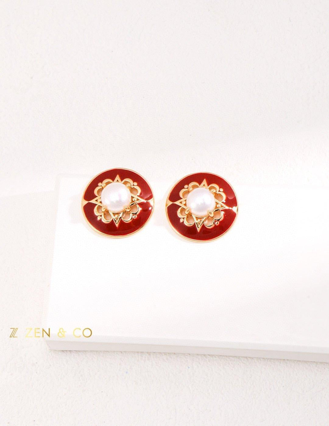 ADELINE Vintage inspired red enamel and pearl stud earrings - ZEN&CO Studio