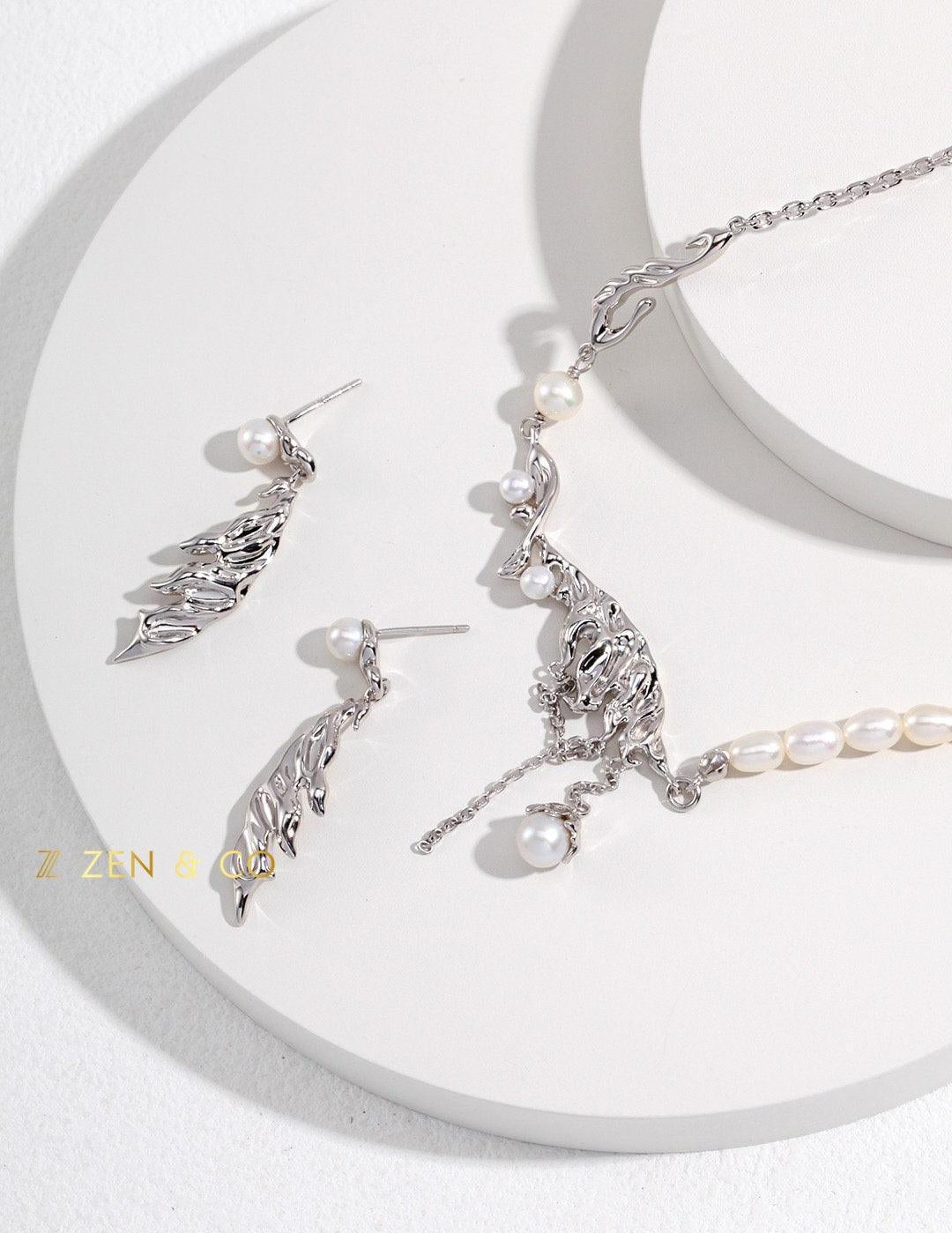 ANGEL Fantasy feather shaped pearl necklace earrings and necklace set - ZEN&CO Studio