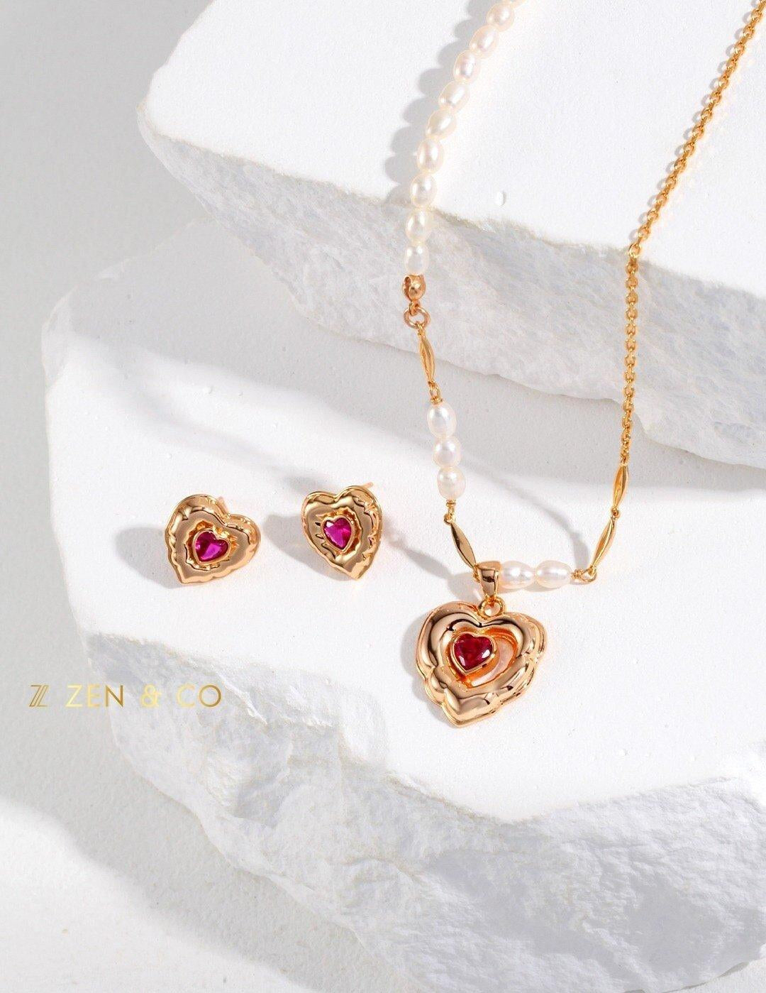 BARBARA Barbie inspired jewelry set Heart stud earrings Heart pendant necklace - ZEN&CO Studio