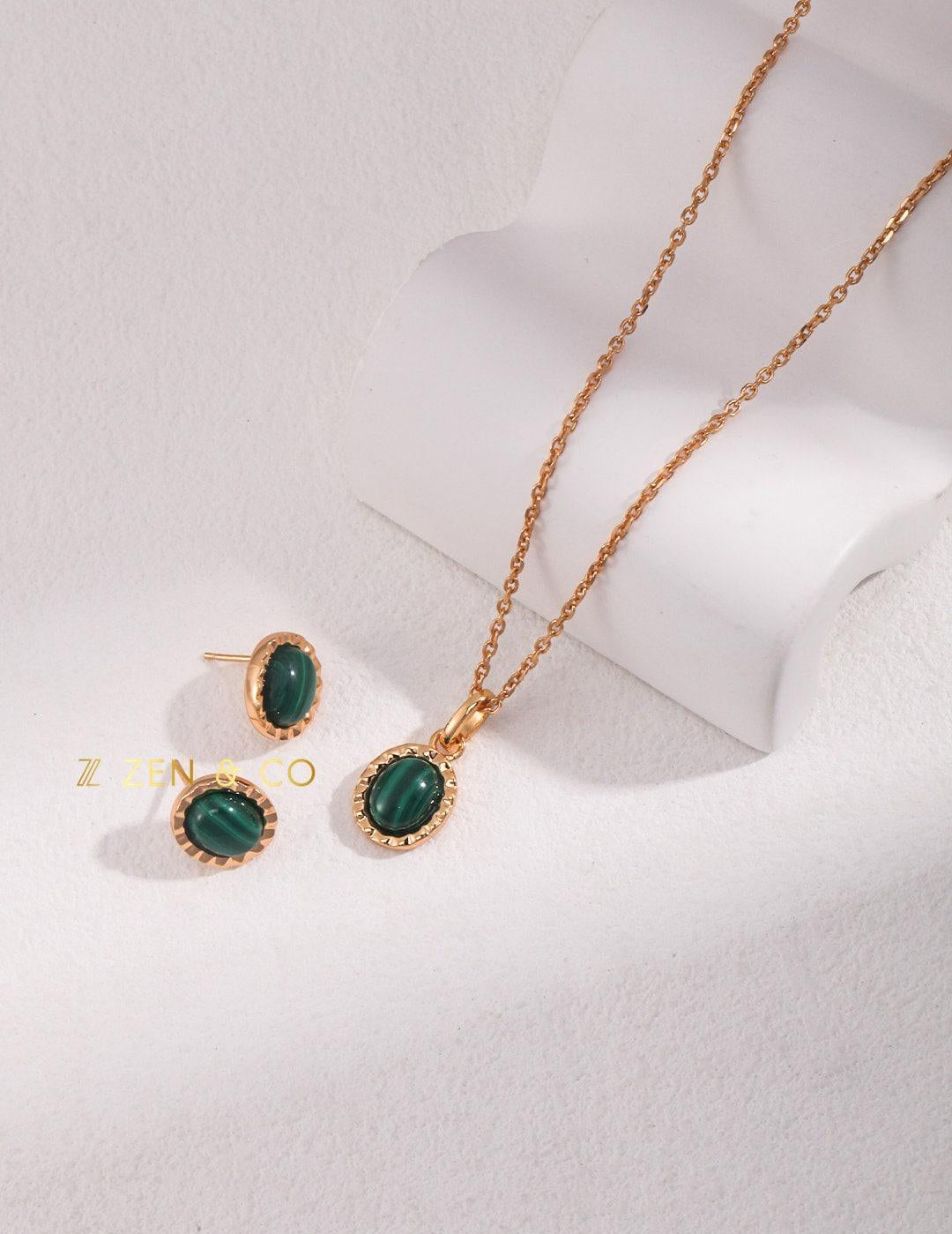 BELA Malachite oval stud earrings and pendant necklace - ZEN&CO Studio