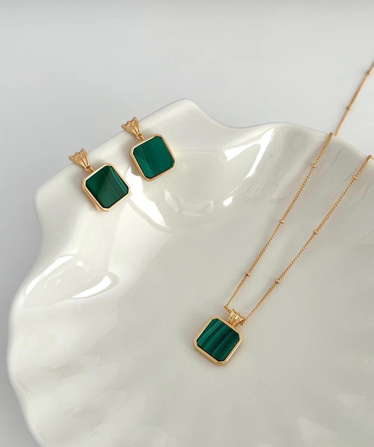 CORA Square shape Malachite drop earrings and pendant necklace - ZEN&CO Studio