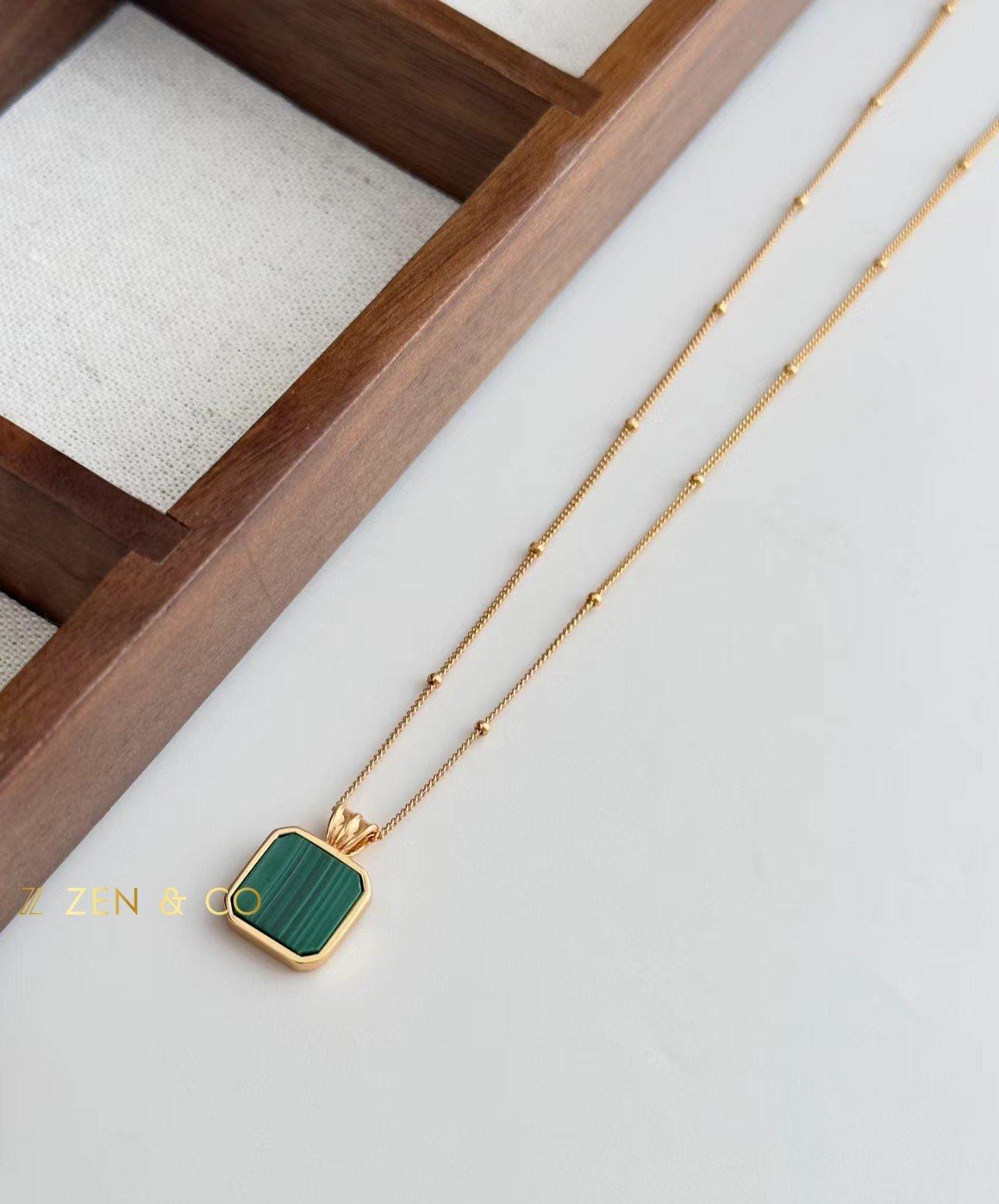 CORA Square shape Malachite drop earrings and pendant necklace - ZEN&CO Studio