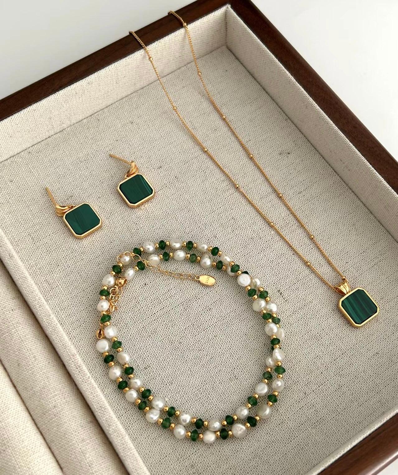 CORA Square shape Malachite drop earrings and pendant necklace - ZEN&CO Studio