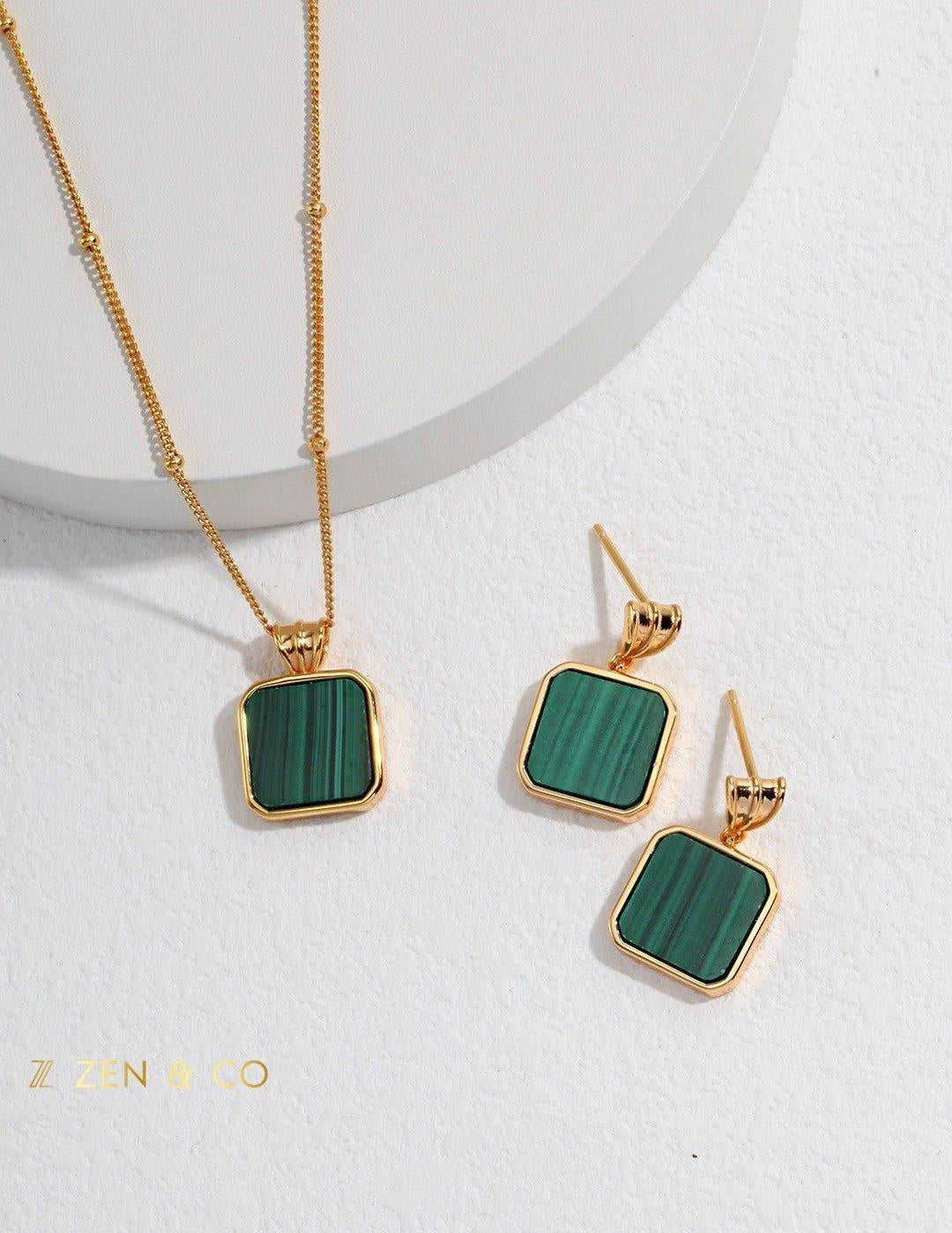 CORA Square shape Malachite drop earrings and pendant necklace - ZEN&CO Studio