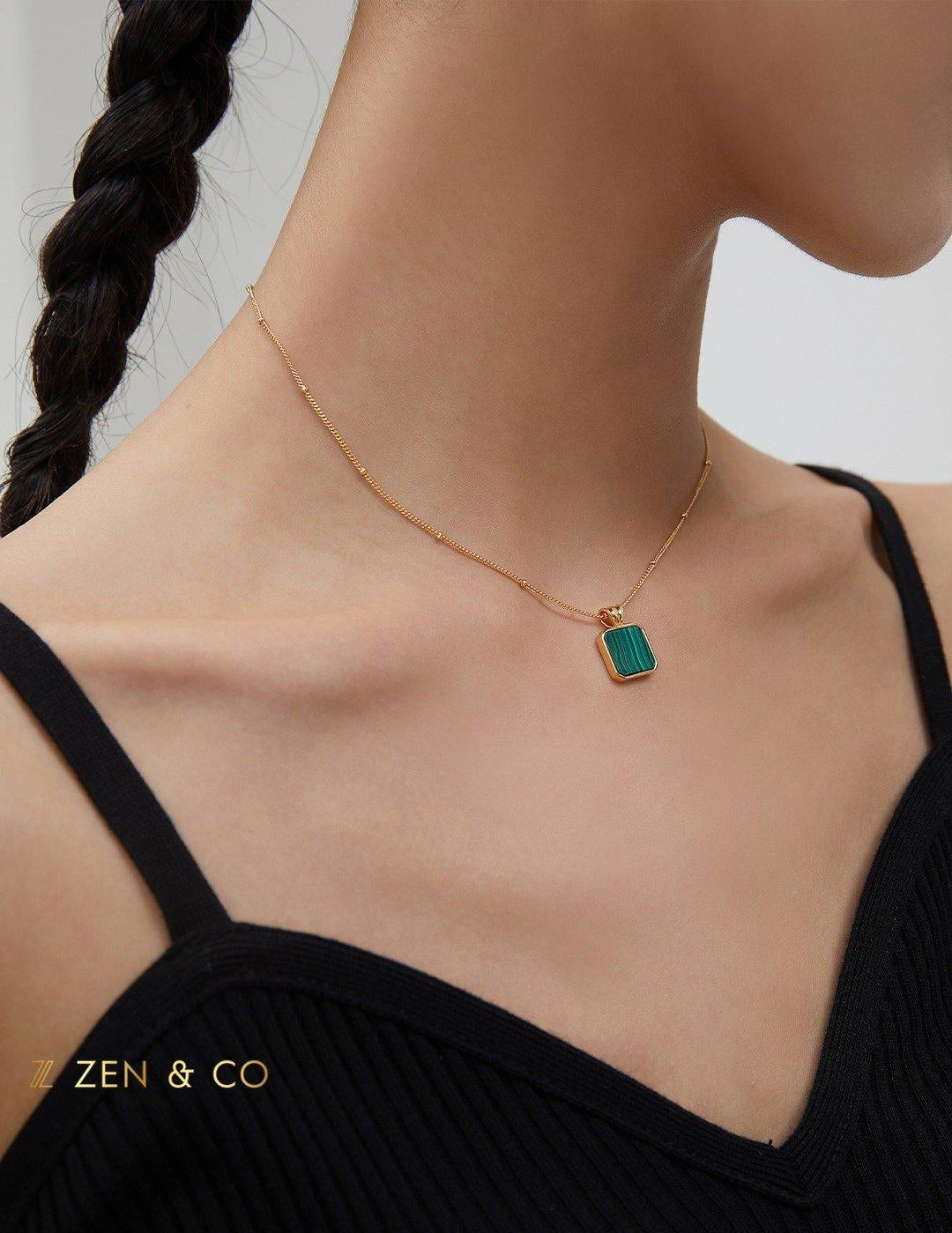 CORA Square shape Malachite drop earrings and pendant necklace - ZEN&CO Studio