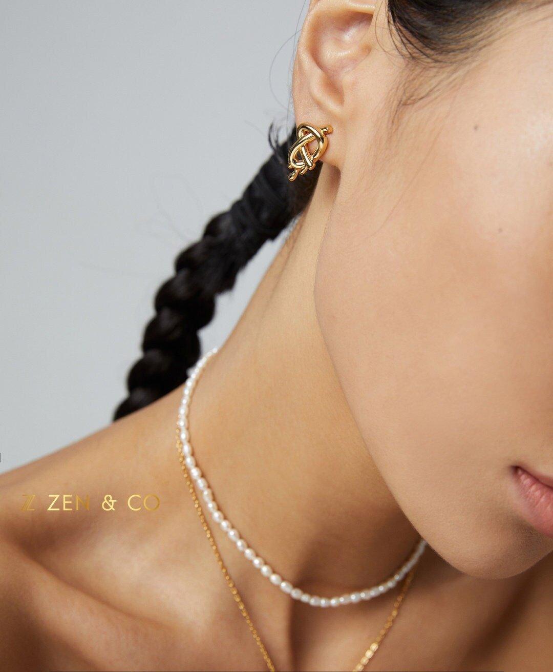 ELSA Asymmetric cute knot pearl stud drop earrings - ZEN&CO Studio