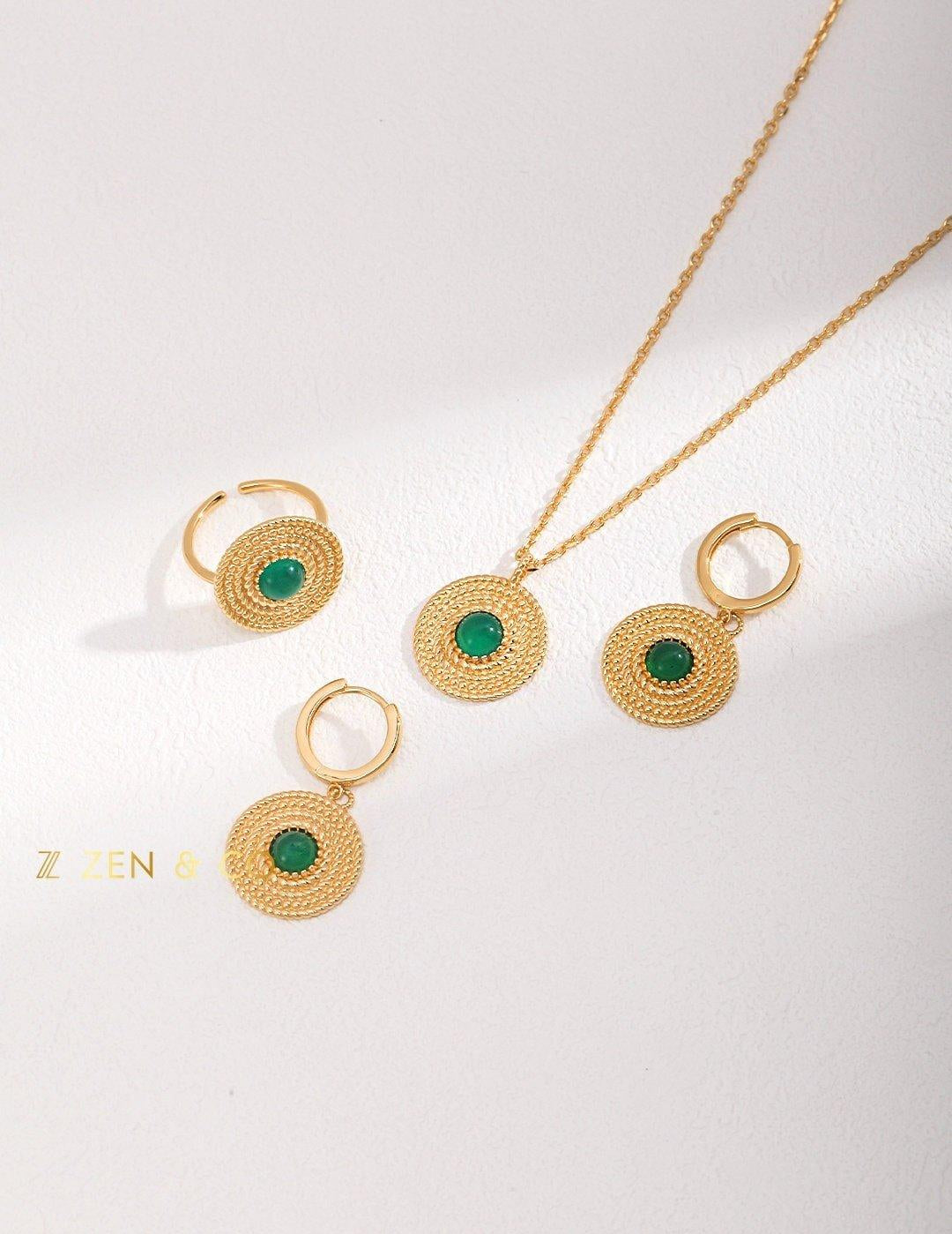 ESMERALDA Bohemian jewelry set Green chalcedony drop earrings Pendant necklace Statement open ring - ZEN&CO Studio