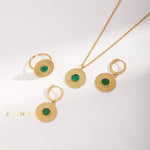 ESMERALDA Bohemian jewelry set Green chalcedony drop earrings Pendant necklace Statement open ring - ZEN&CO Studio