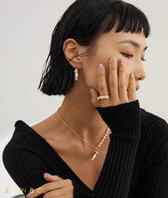 GAIA Dainty Baroque pearl asymmetric earrings and open ring - ZEN&CO Studio