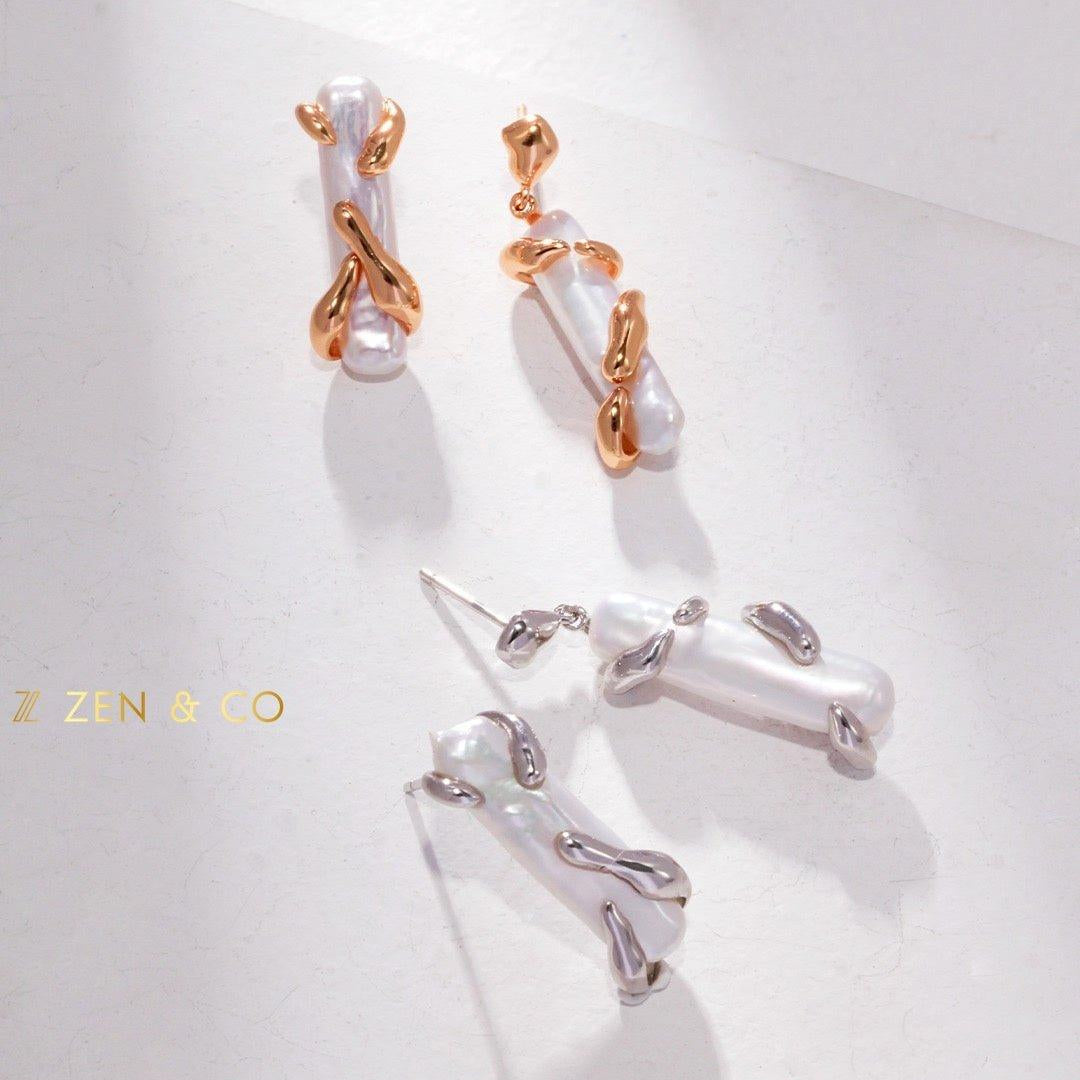 GAIA Dainty Baroque pearl asymmetric earrings and open ring - ZEN&CO Studio