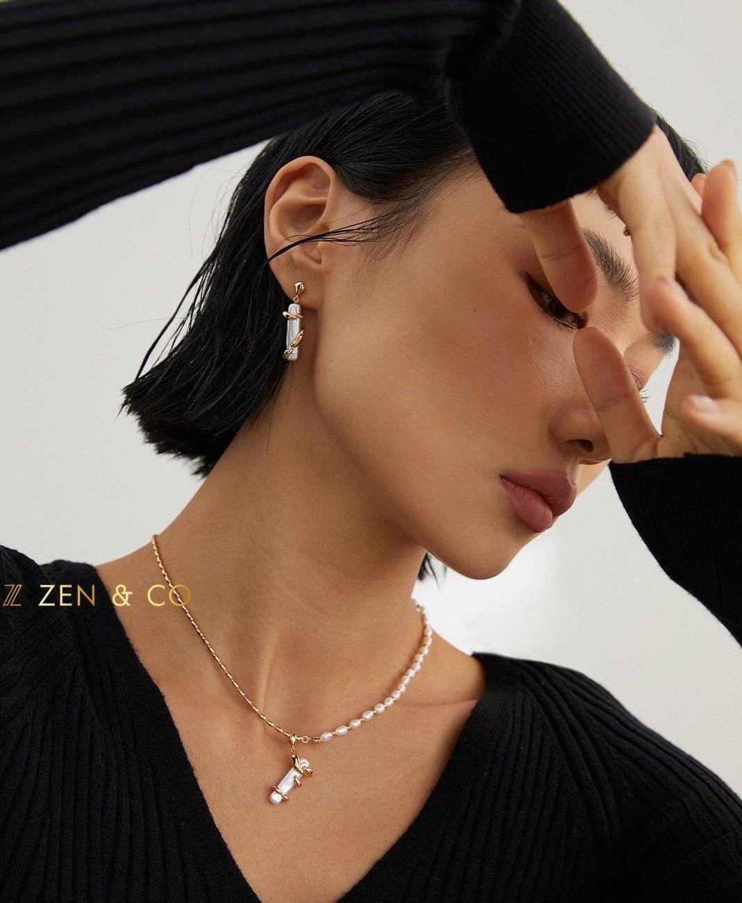 GAIA Dainty Baroque pearl asymmetric earrings and open ring - ZEN&CO Studio