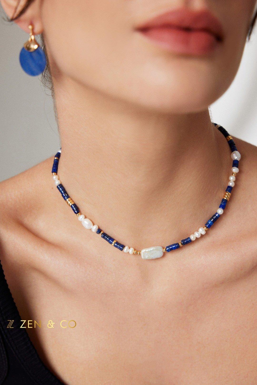 ILOILO Lapis lazuli, pearl and blue jade jewelry set necklace and drop earrings - ZEN&CO Studio