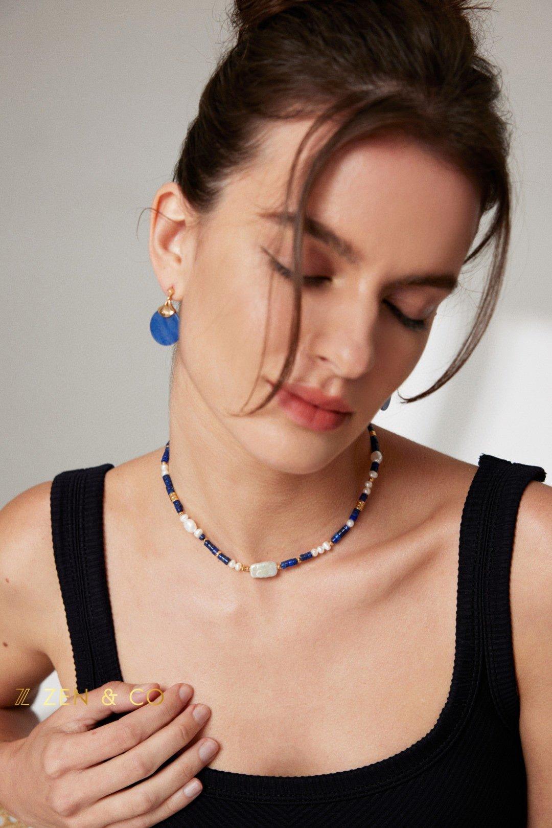 ILOILO Lapis lazuli, pearl and blue jade jewelry set necklace and drop earrings - ZEN&CO Studio