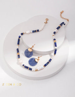 ILOILO Lapis lazuli, pearl and blue jade jewelry set necklace and drop earrings - ZEN&CO Studio