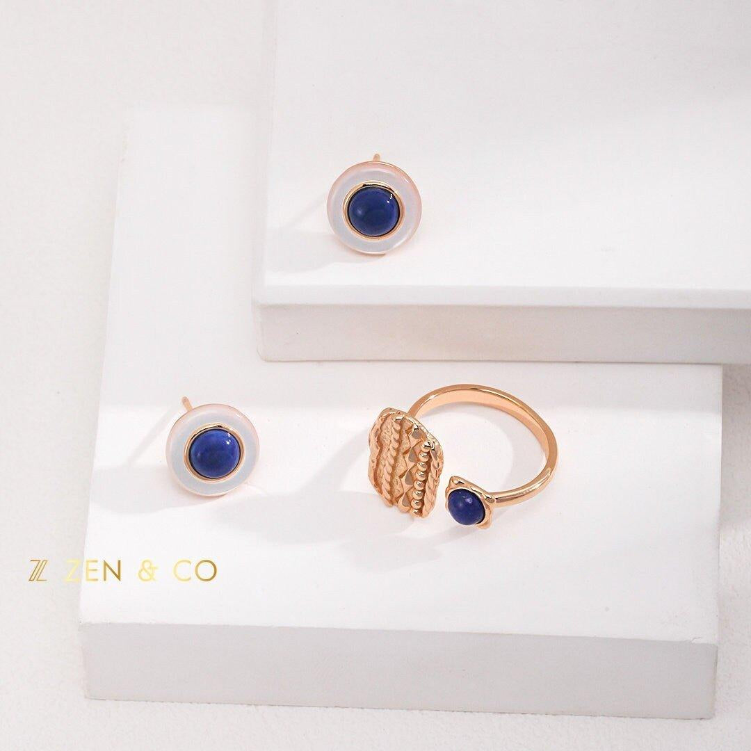 INDIGO Tribe Blue lapis lazuli statement ring Lapis lazuli stone stud earrings - ZEN&CO Studio