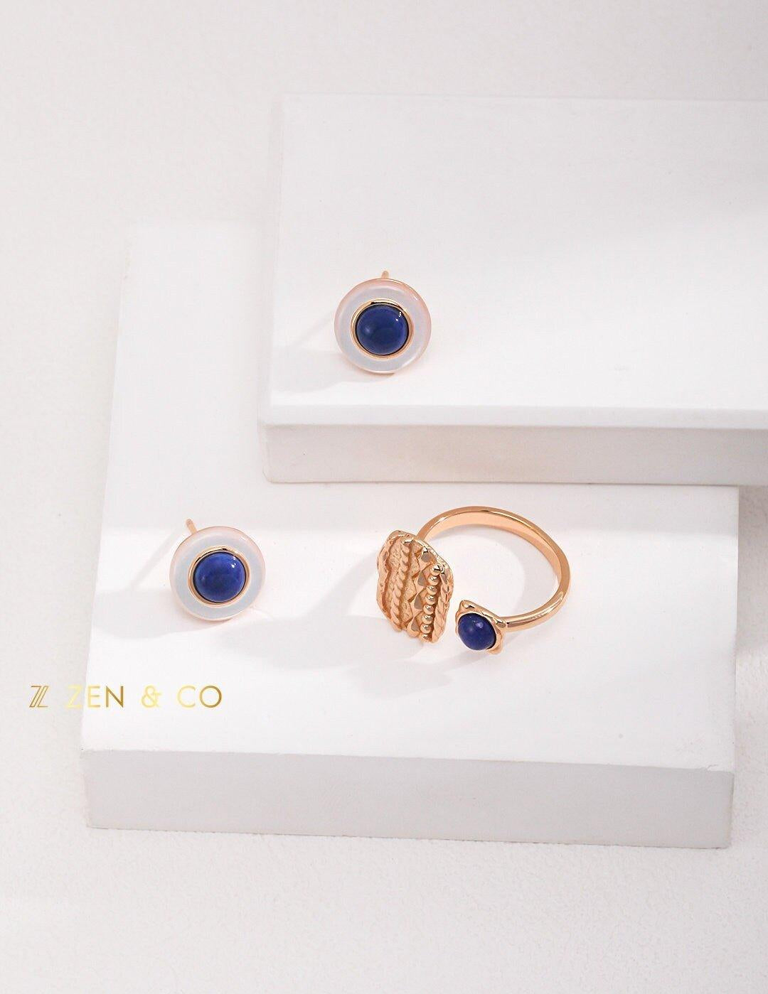 INDIGO Tribe Blue lapis lazuli statement ring Lapis lazuli stone stud earrings - ZEN&CO Studio