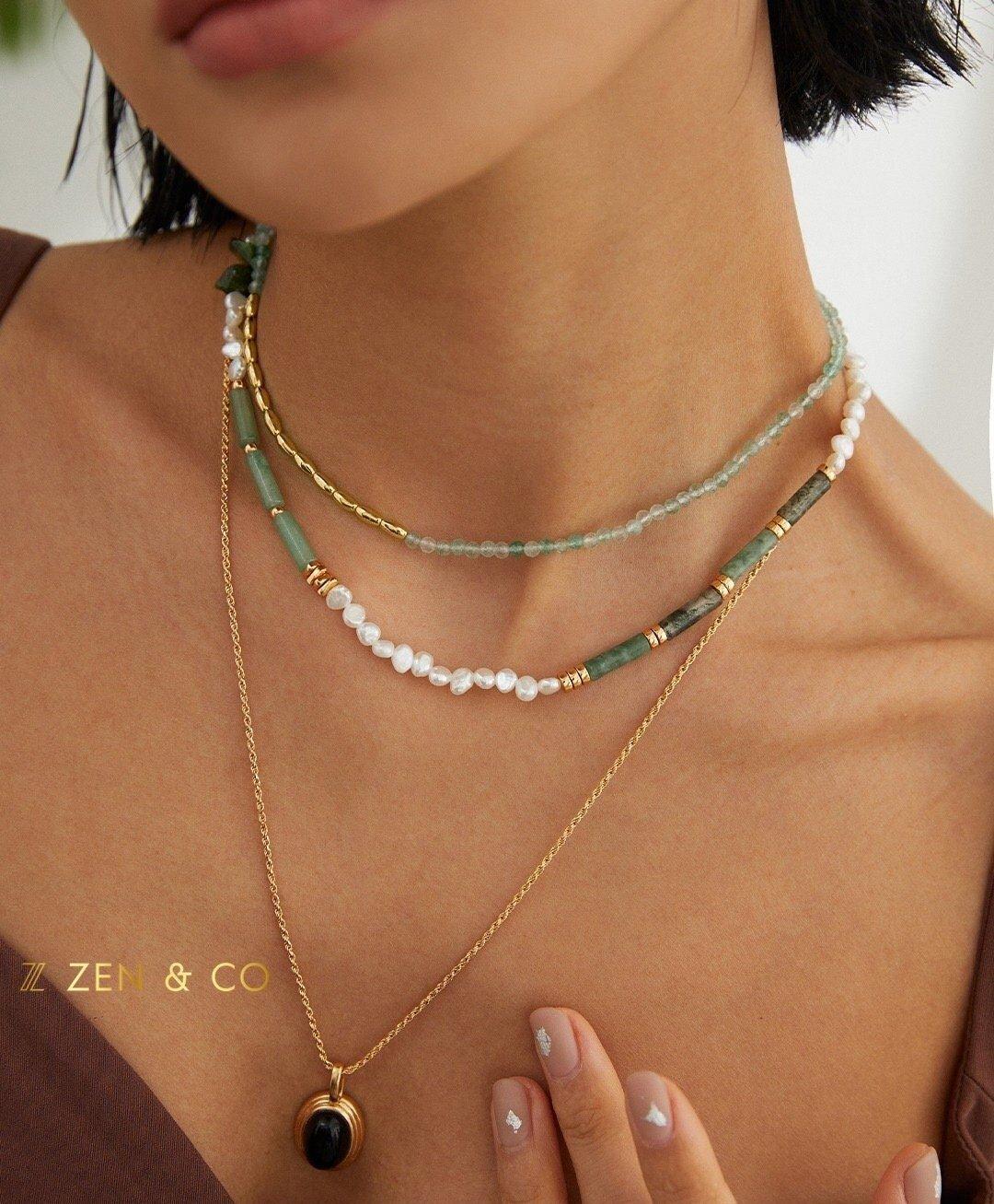 JADE Bohemian Green jade and pearl necklace and friendship bracelet - ZEN&CO Studio