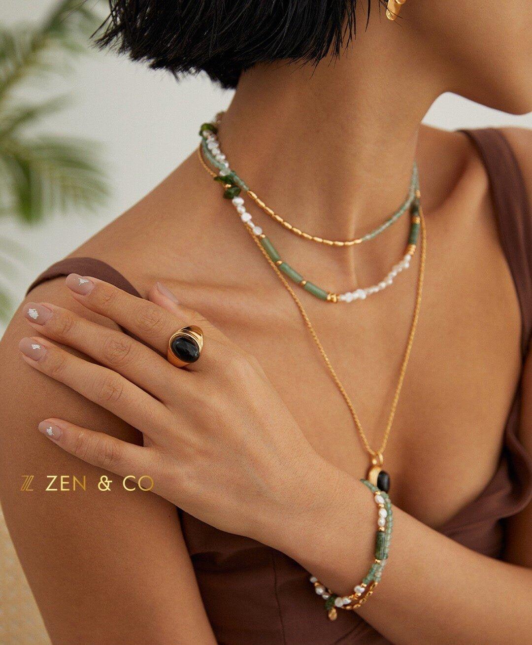 JADE Bohemian Green jade and pearl necklace and friendship bracelet - ZEN&CO Studio