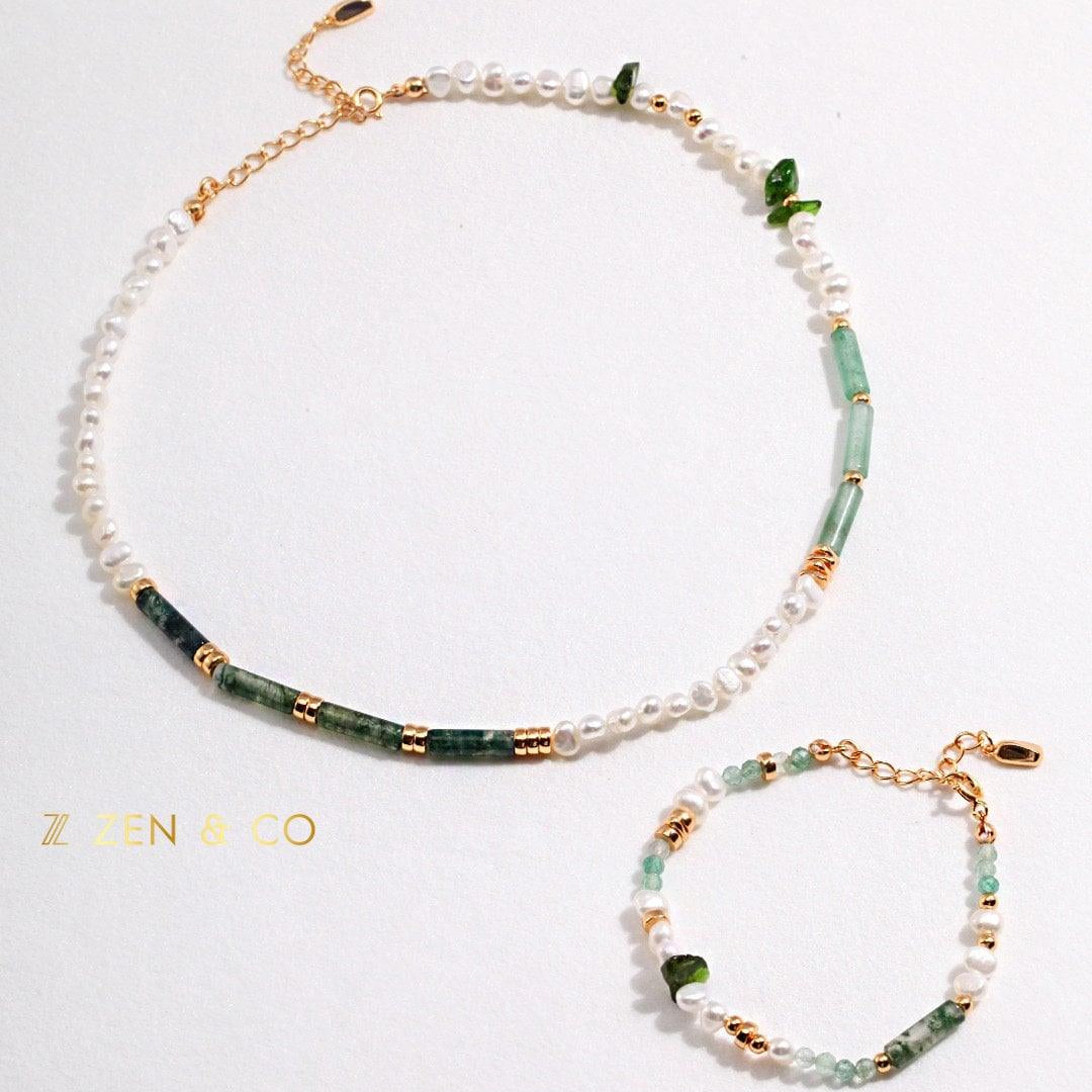 JADE Bohemian Green jade and pearl necklace and friendship bracelet - ZEN&CO Studio