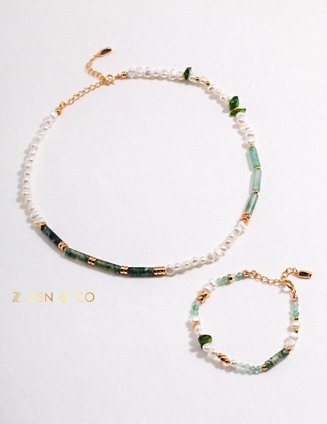 JADE Bohemian Green jade and pearl necklace and friendship bracelet - ZEN&CO Studio