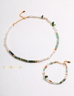 JADE Bohemian Green jade and pearl necklace and friendship bracelet - ZEN&CO Studio