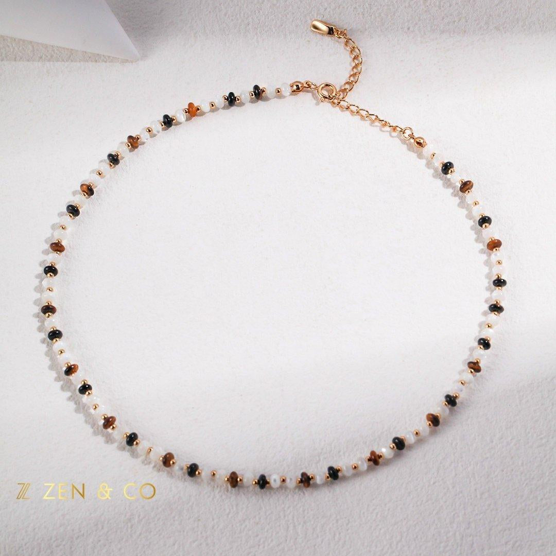 KAMALA Tiny beaded tiger eye stone and mother of pearl necklace and bracelet - ZEN&CO Studio