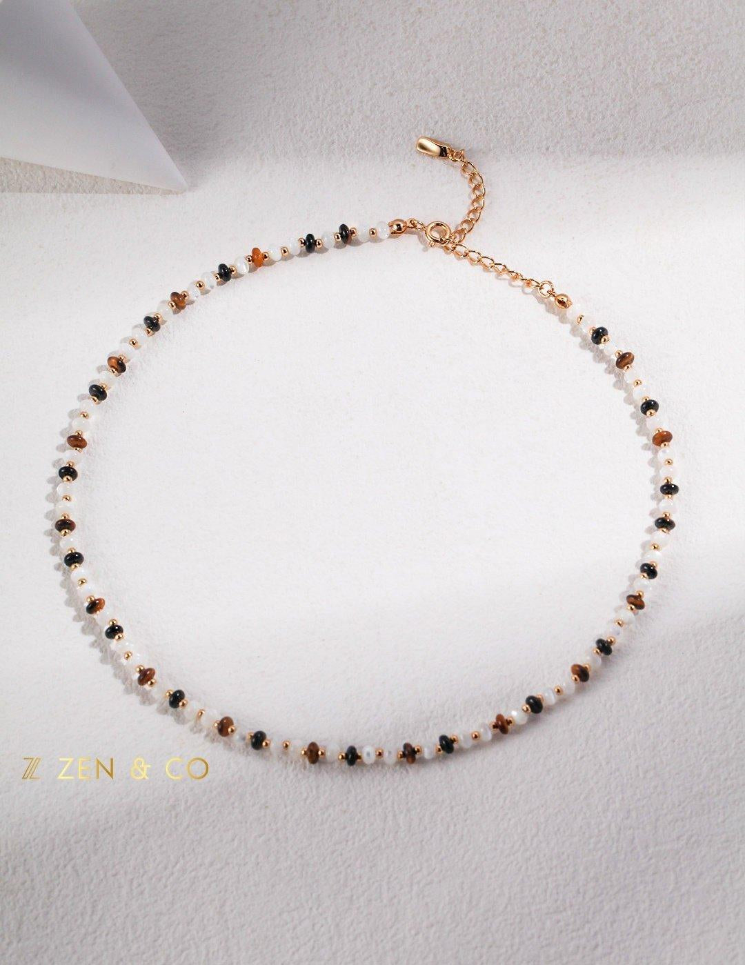 KAMALA Tiny beaded tiger eye stone and mother of pearl necklace and bracelet - ZEN&CO Studio