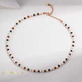 KAMALA Tiny beaded tiger eye stone and mother of pearl necklace and bracelet - ZEN&CO Studio